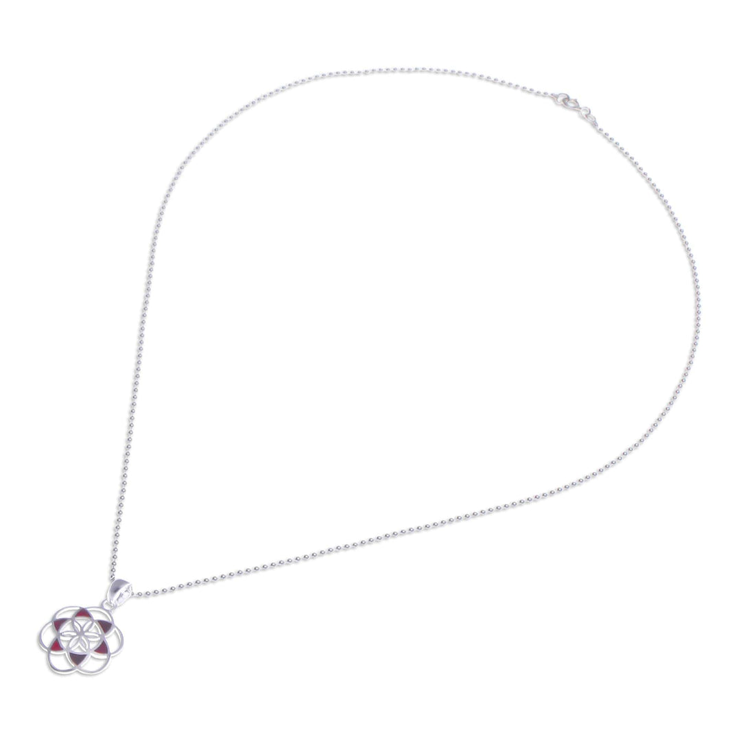 Carnelian Silver Chakra Floral Geometric Pendant Necklace - Red Floral Geometry