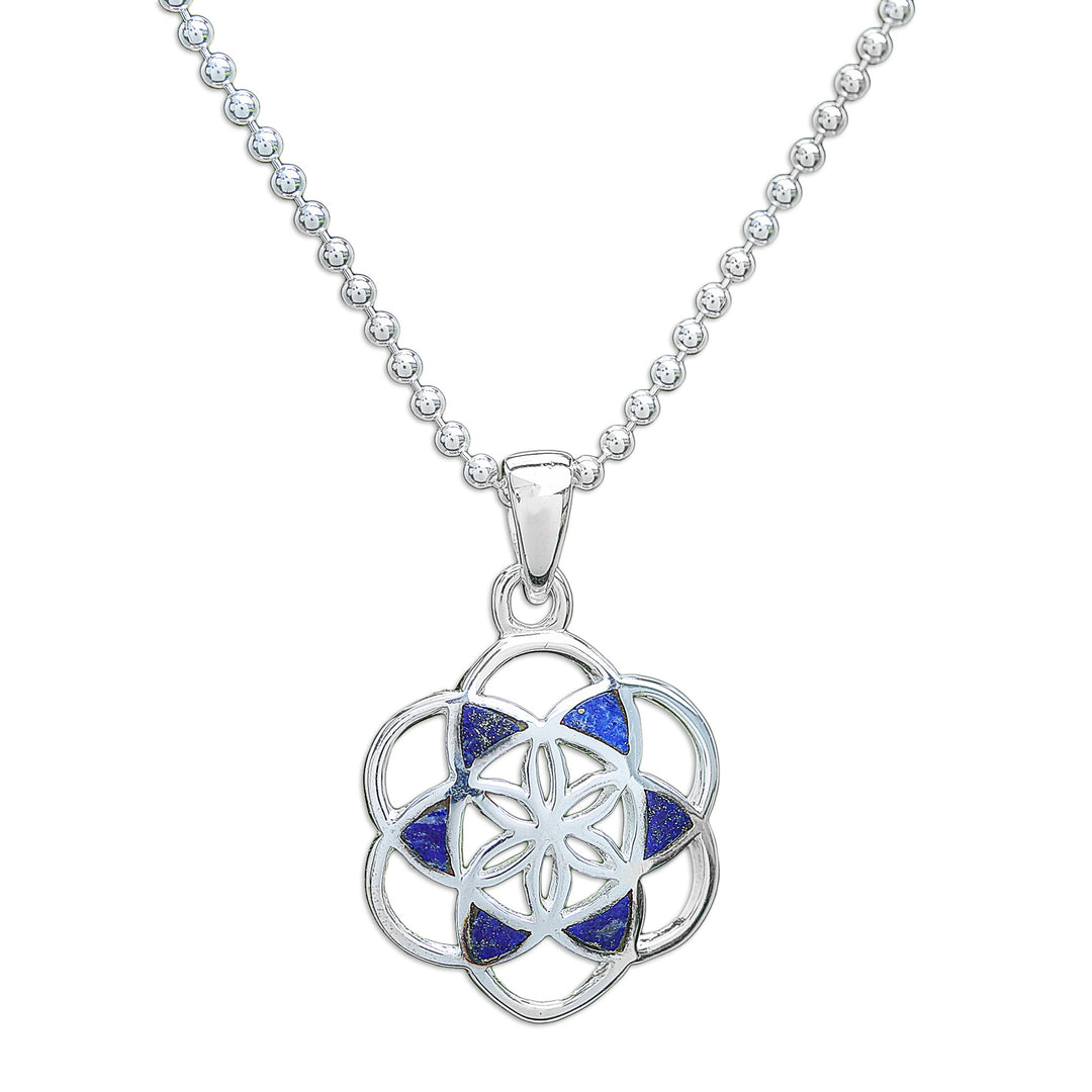 Lapis Lazuli Silver Chakra Floral Geometric Pendant Necklace - Blue Floral Geometry