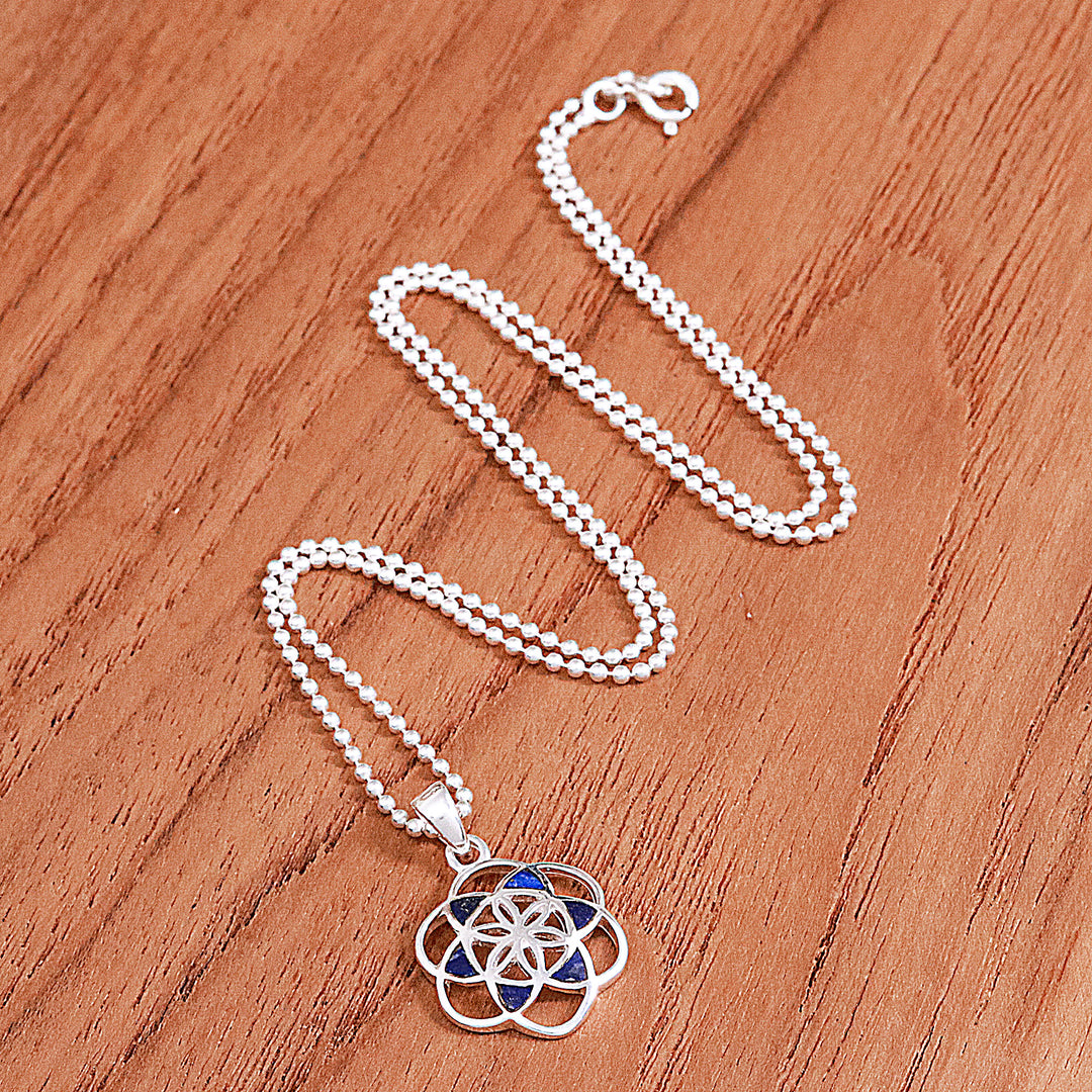 Lapis Lazuli Silver Chakra Floral Geometric Pendant Necklace - Blue Floral Geometry