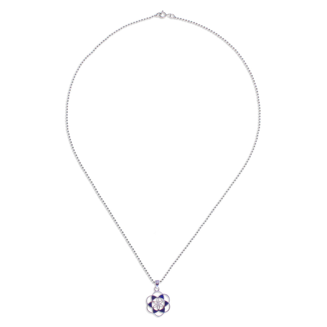 Lapis Lazuli Silver Chakra Floral Geometric Pendant Necklace - Blue Floral Geometry