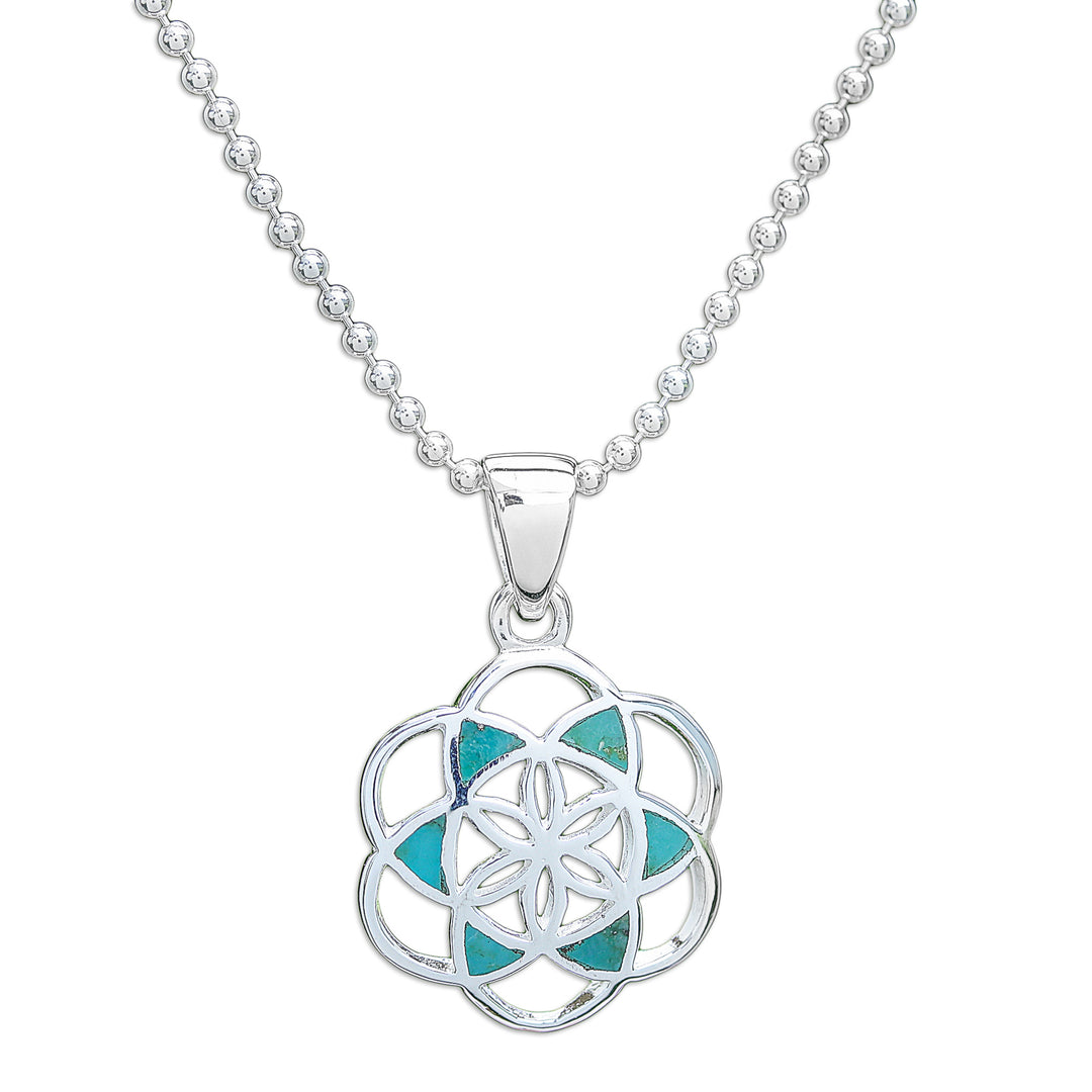 Reconstituted Turquoise Floral Geometric Pendant Necklace - Aqua Floral Geometry