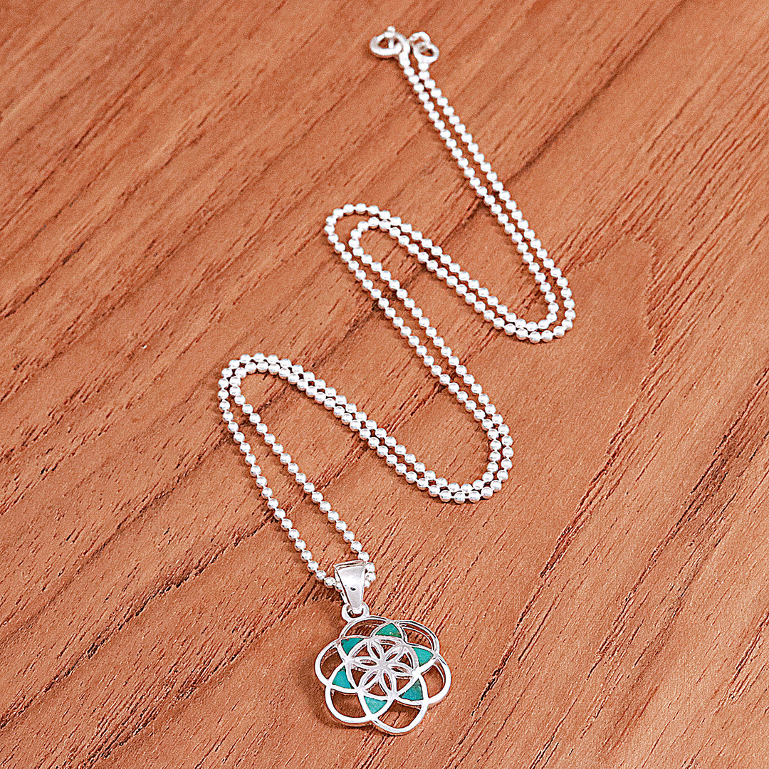 Reconstituted Turquoise Floral Geometric Pendant Necklace - Aqua Floral Geometry