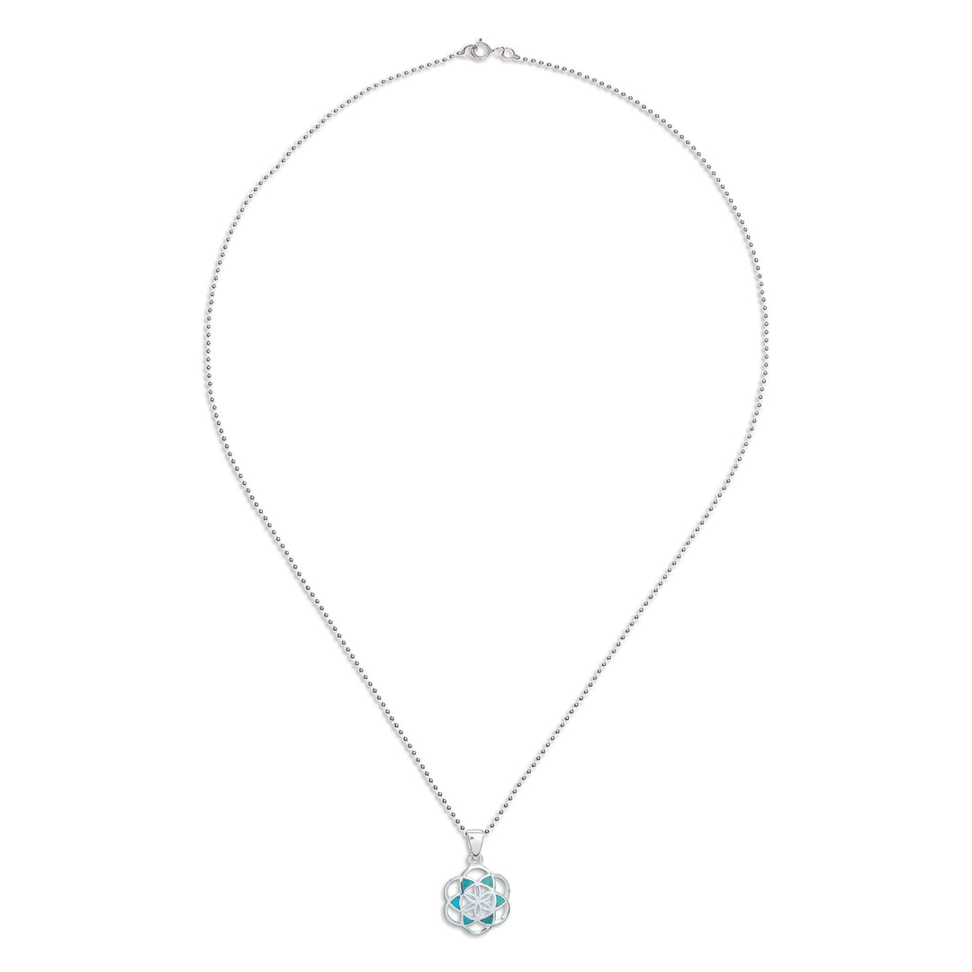 Reconstituted Turquoise Floral Geometric Pendant Necklace - Aqua Floral Geometry
