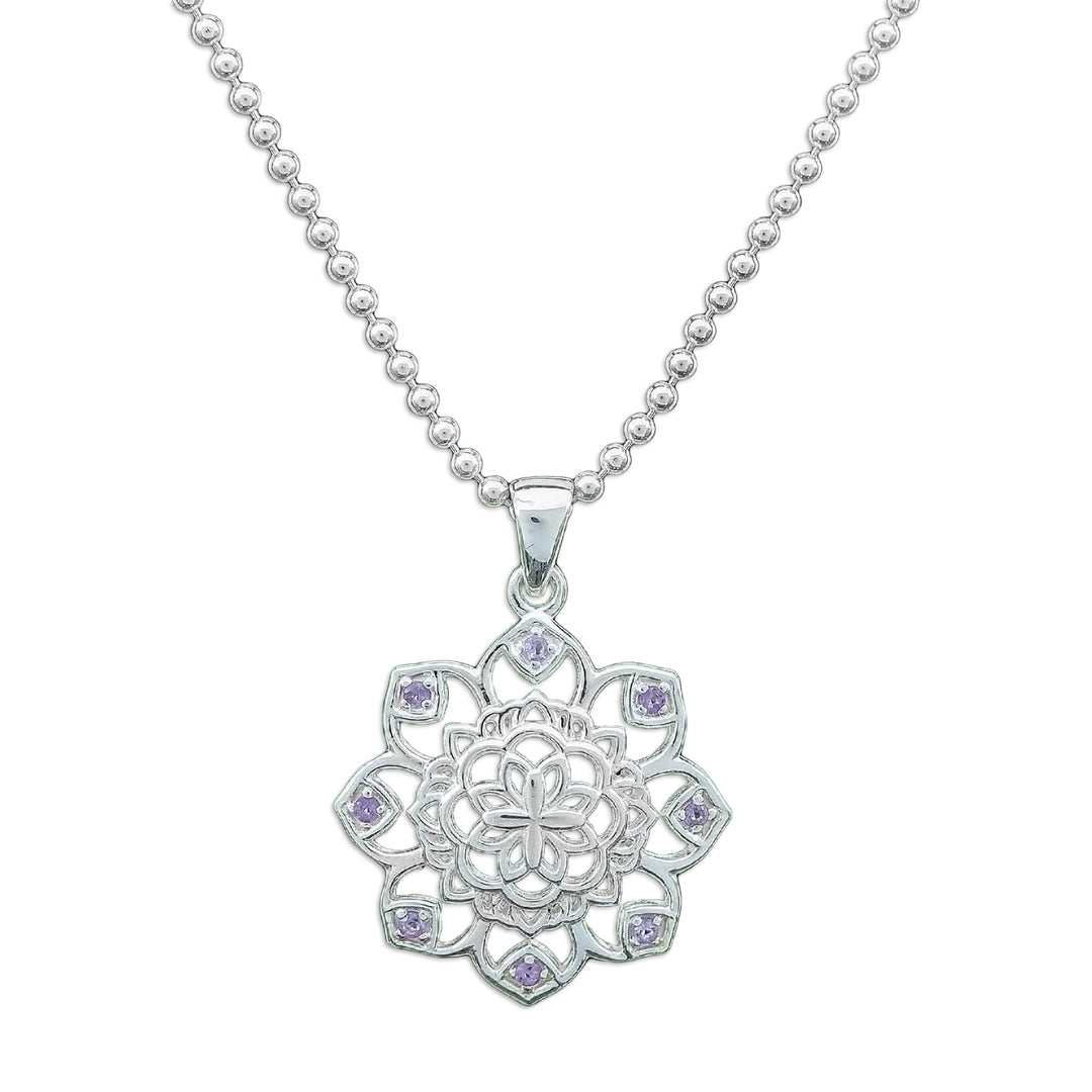 Openwork Amethyst Silver Chakra Floral Pendant Necklace - Purple Petals