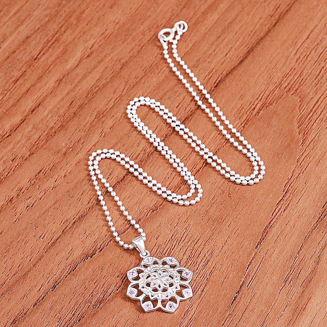 Openwork Amethyst Silver Chakra Floral Pendant Necklace - Purple Petals