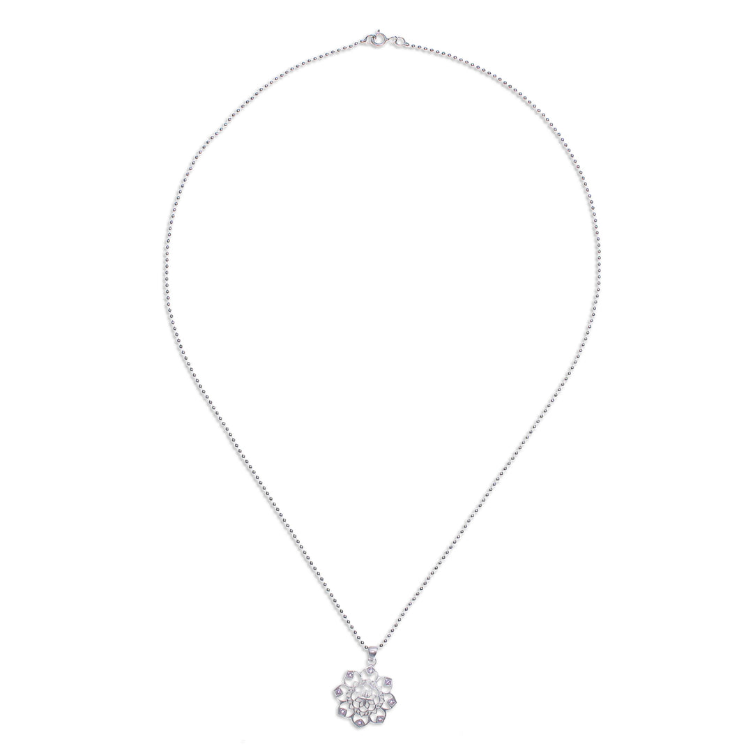 Openwork Amethyst Silver Chakra Floral Pendant Necklace - Purple Petals