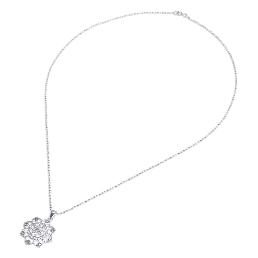 Openwork Amethyst Silver Chakra Floral Pendant Necklace - Purple Petals