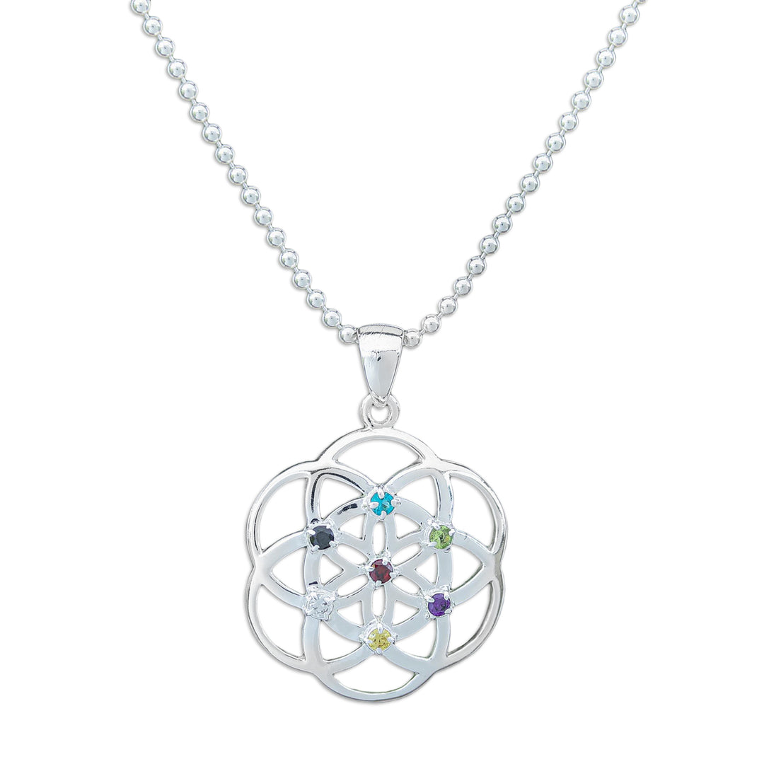 Openwork Multi-Gemstone Chakra Floral Pendant Necklace - Colorful Bloom