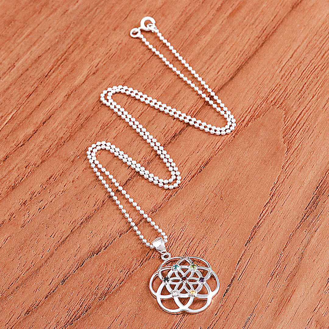 Openwork Multi-Gemstone Chakra Floral Pendant Necklace - Colorful Bloom
