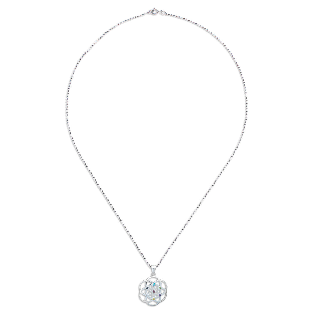 Openwork Multi-Gemstone Chakra Floral Pendant Necklace - Colorful Bloom