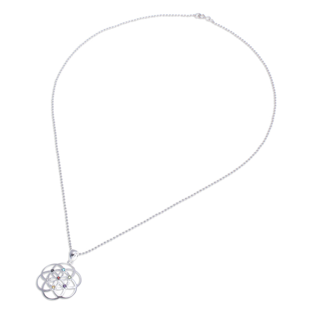 Openwork Multi-Gemstone Chakra Floral Pendant Necklace - Colorful Bloom