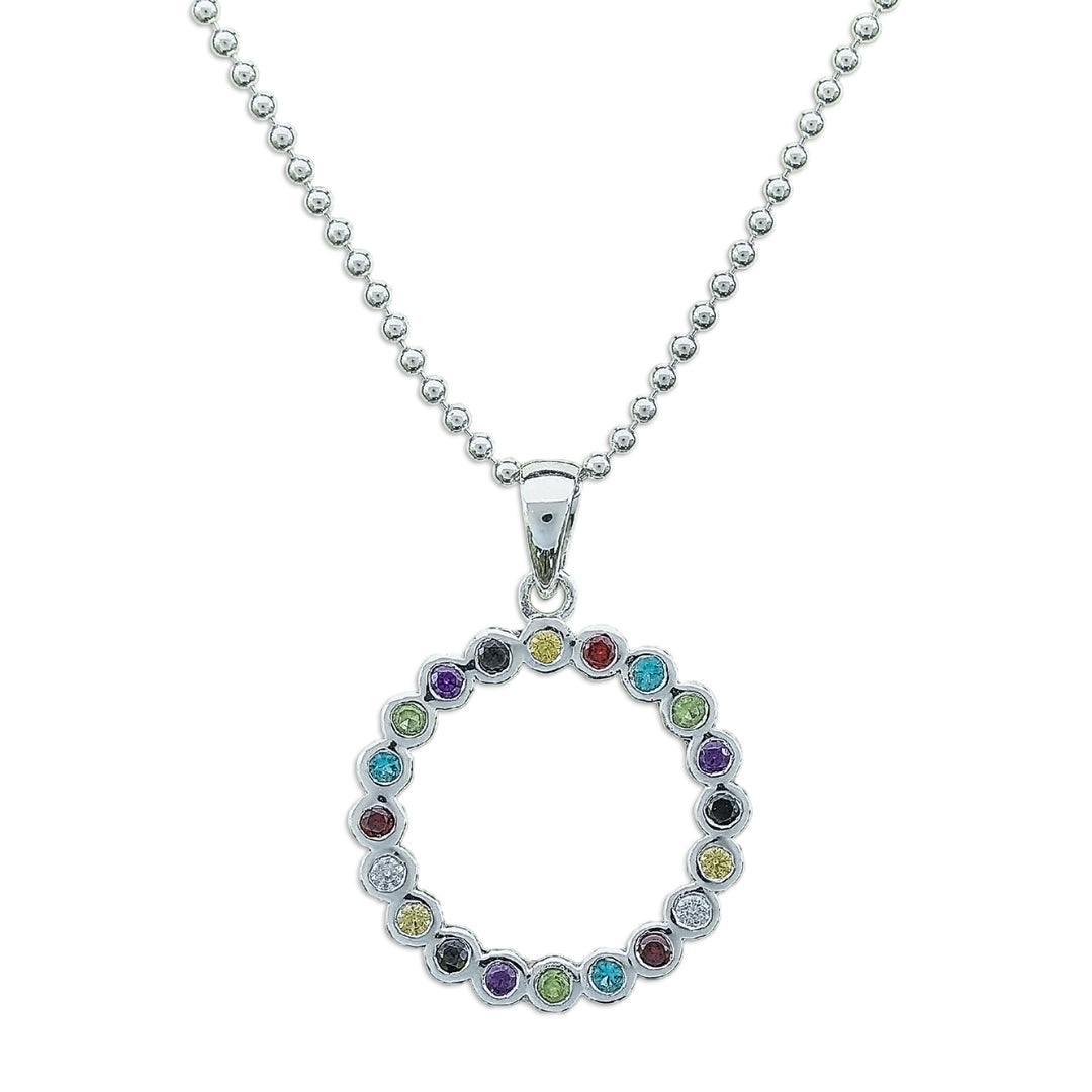 Multi-Gemstone Sterling Silver Circle Pendant Necklace - Rainbow Ring
