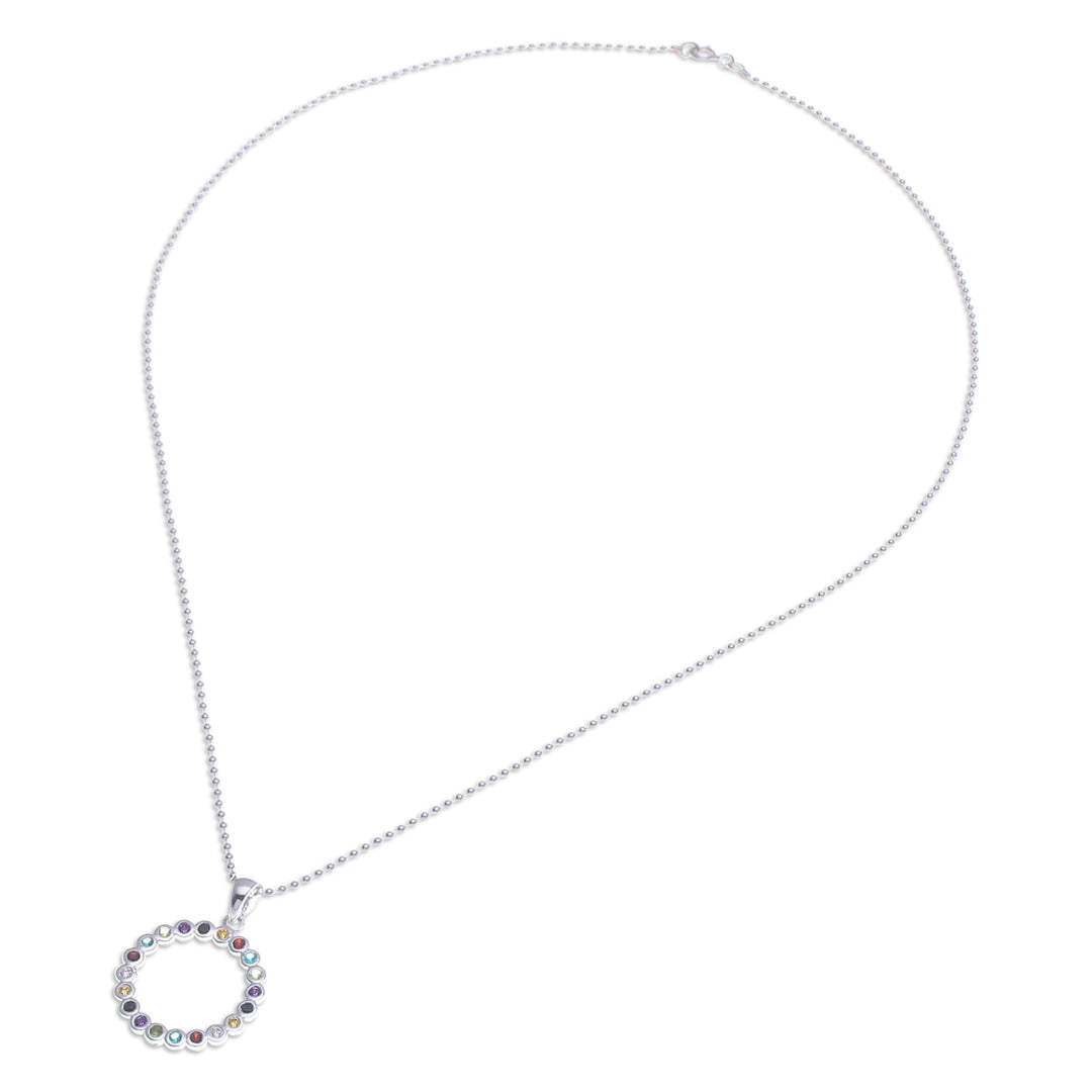 Multi-Gemstone Sterling Silver Circle Pendant Necklace - Rainbow Ring