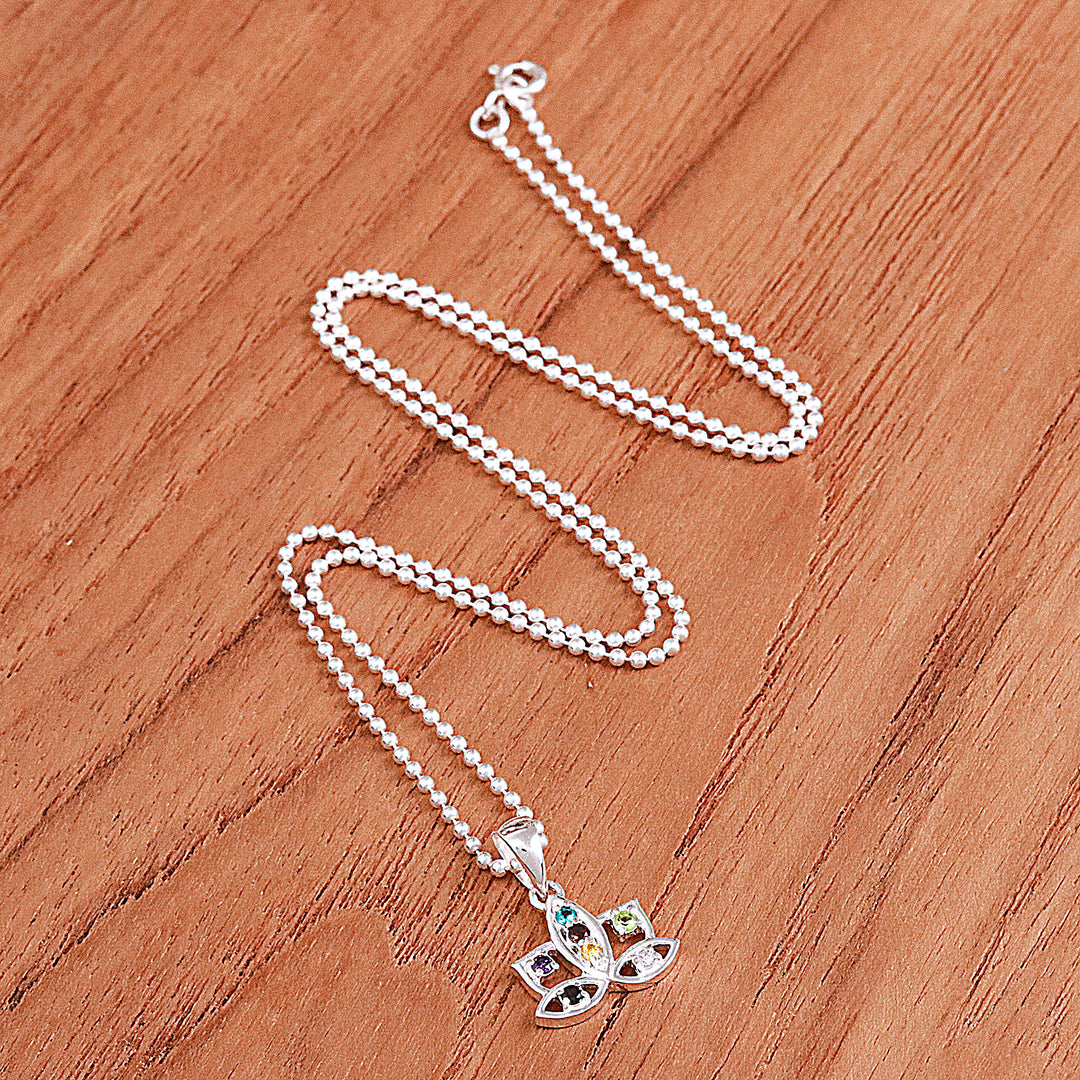 Multi-Gemstone Sterling Silver Lotus Flower Pendant Necklace - Rainbow Lotus Flower