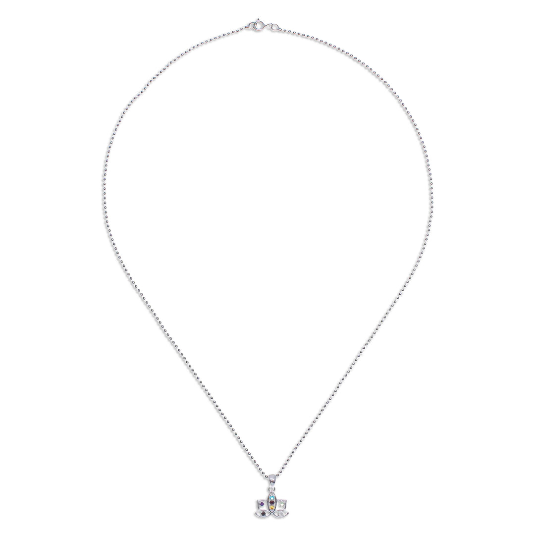 Multi-Gemstone Sterling Silver Lotus Flower Pendant Necklace - Rainbow Lotus Flower