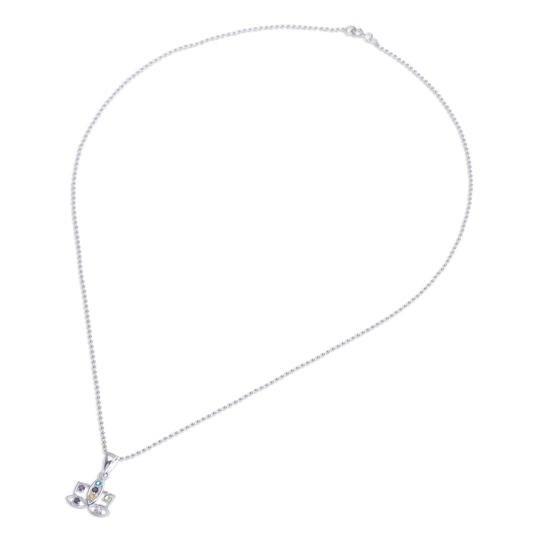 Multi-Gemstone Sterling Silver Lotus Flower Pendant Necklace - Rainbow Lotus Flower