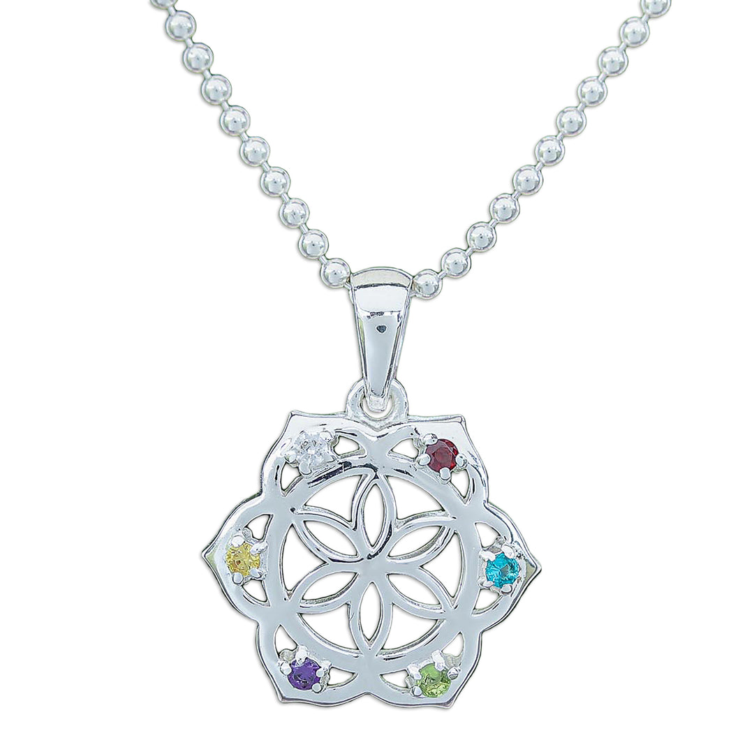 Multi-Gemstone Silver Chakra Floral Pendant Necklace - Rainbow Flora