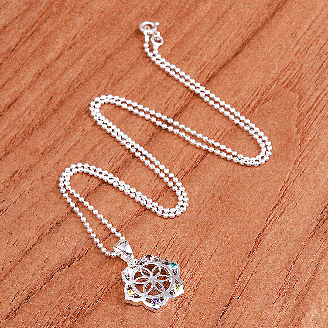 Multi-Gemstone Silver Chakra Floral Pendant Necklace - Rainbow Flora