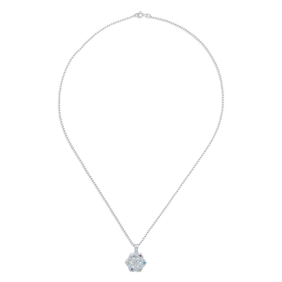 Multi-Gemstone Silver Chakra Floral Pendant Necklace - Rainbow Flora