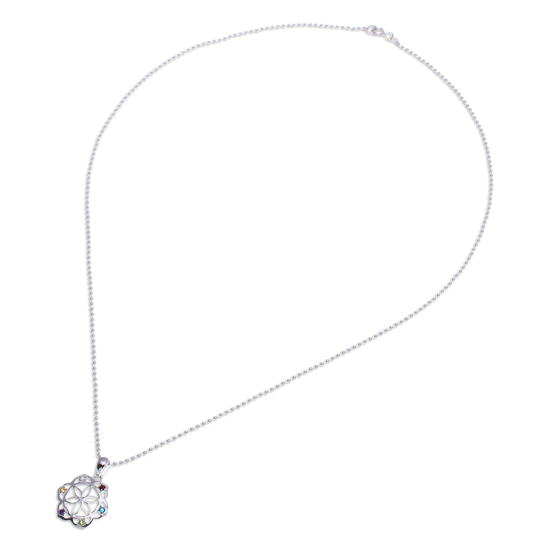 Multi-Gemstone Silver Chakra Floral Pendant Necklace - Rainbow Flora