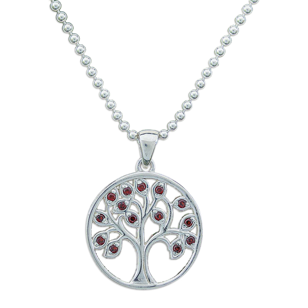 Silver Tree of Life Pendant Necklace with Garnet Stones - Vibrant Tree of Life