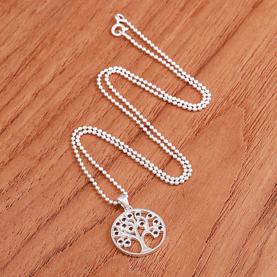 Silver Tree of Life Pendant Necklace with Garnet Stones - Vibrant Tree of Life
