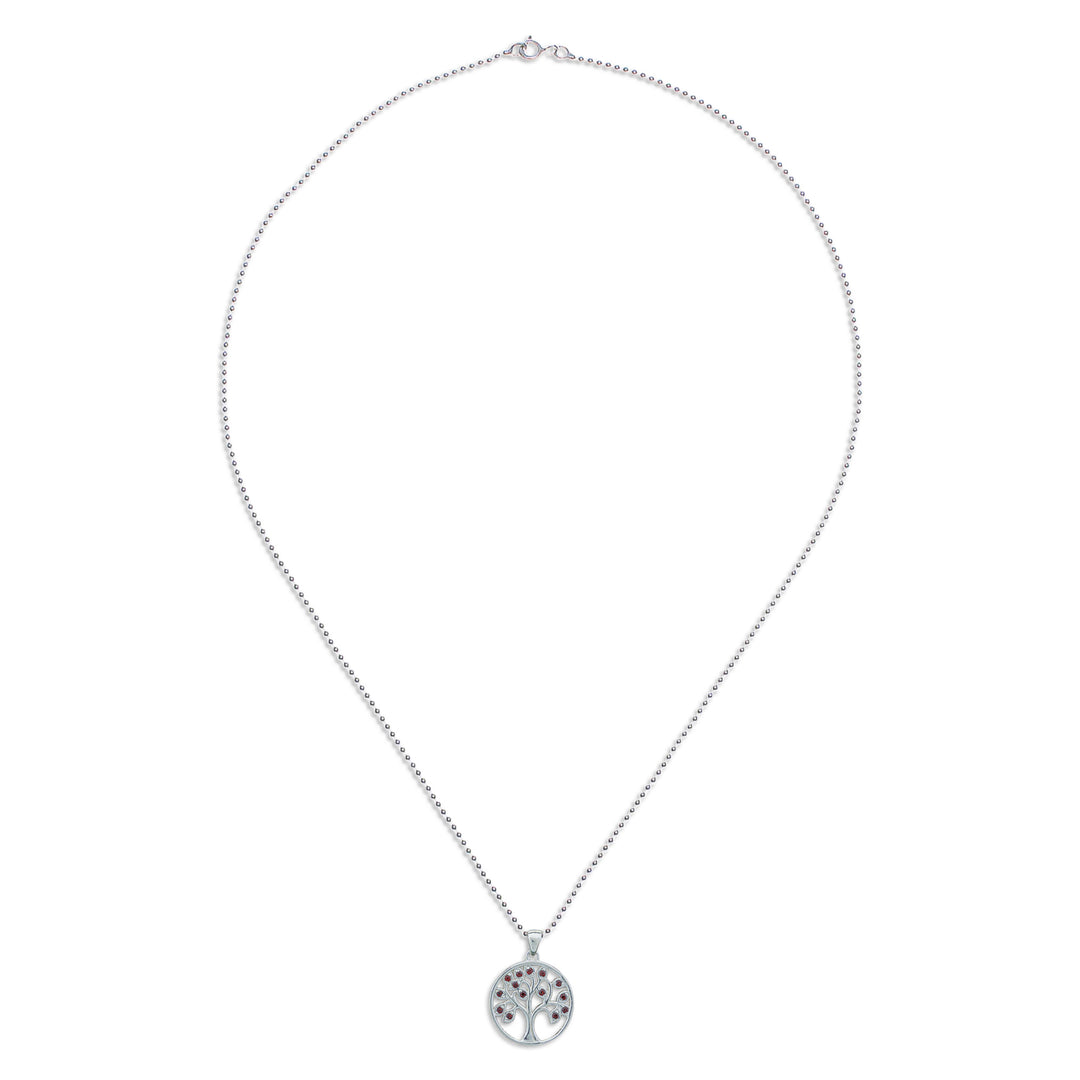 Silver Tree of Life Pendant Necklace with Garnet Stones - Vibrant Tree of Life