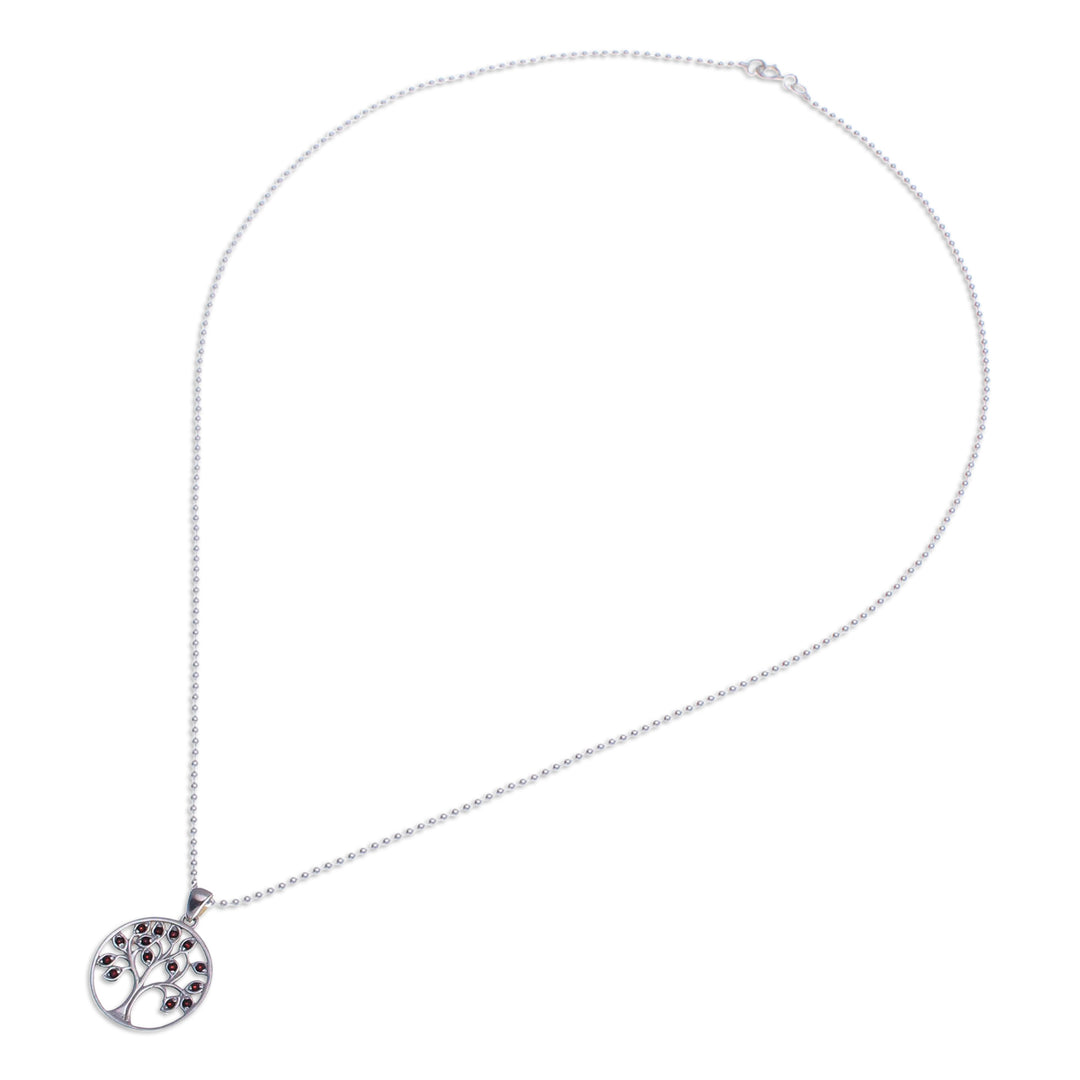 Silver Tree of Life Pendant Necklace with Garnet Stones - Vibrant Tree of Life
