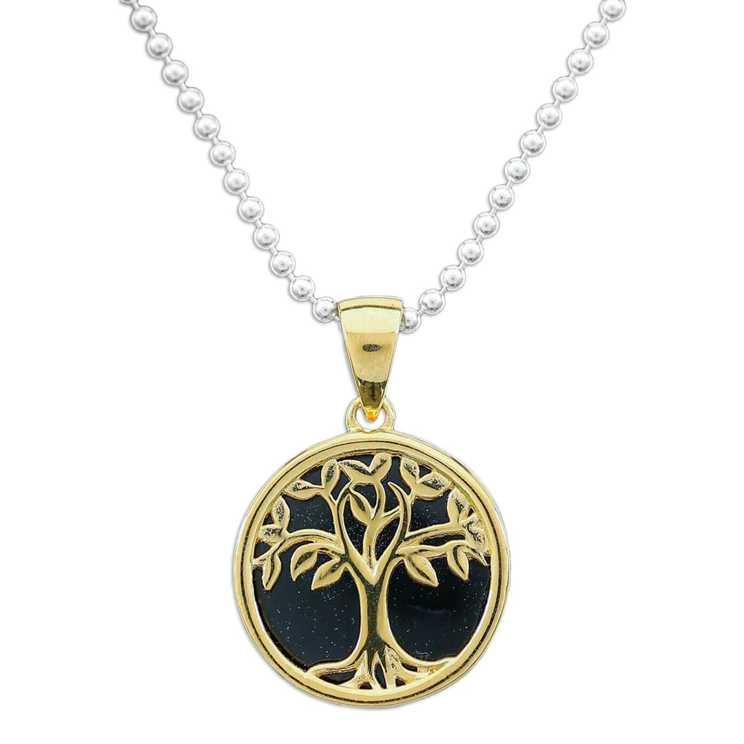 18k Gold-plated Onyx Cabochon Tree of Life Pendant Necklace - Glorious Haven at Night