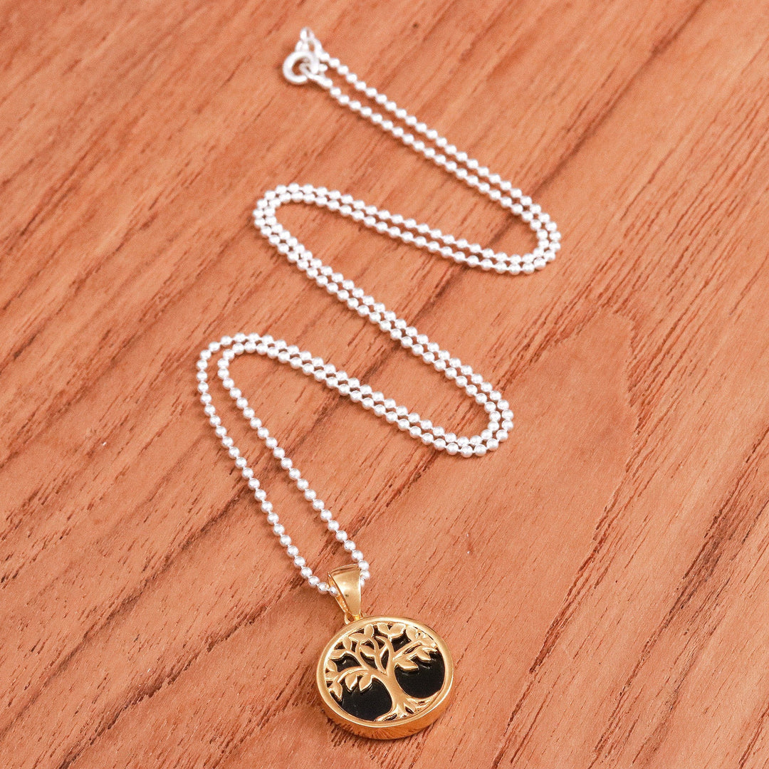 18k Gold-plated Onyx Cabochon Tree of Life Pendant Necklace - Glorious Haven at Night