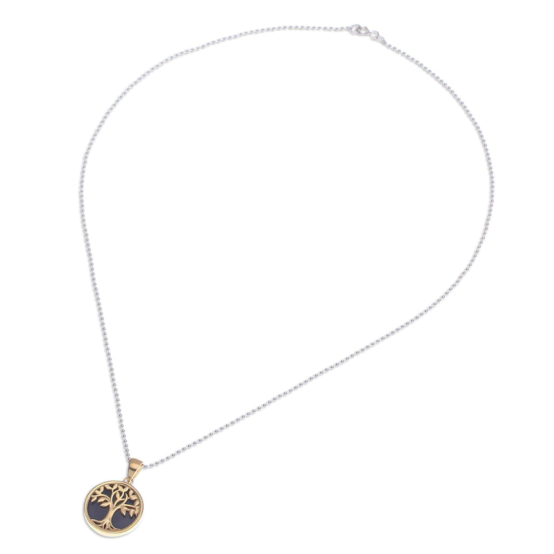 18k Gold-plated Onyx Cabochon Tree of Life Pendant Necklace - Glorious Haven at Night