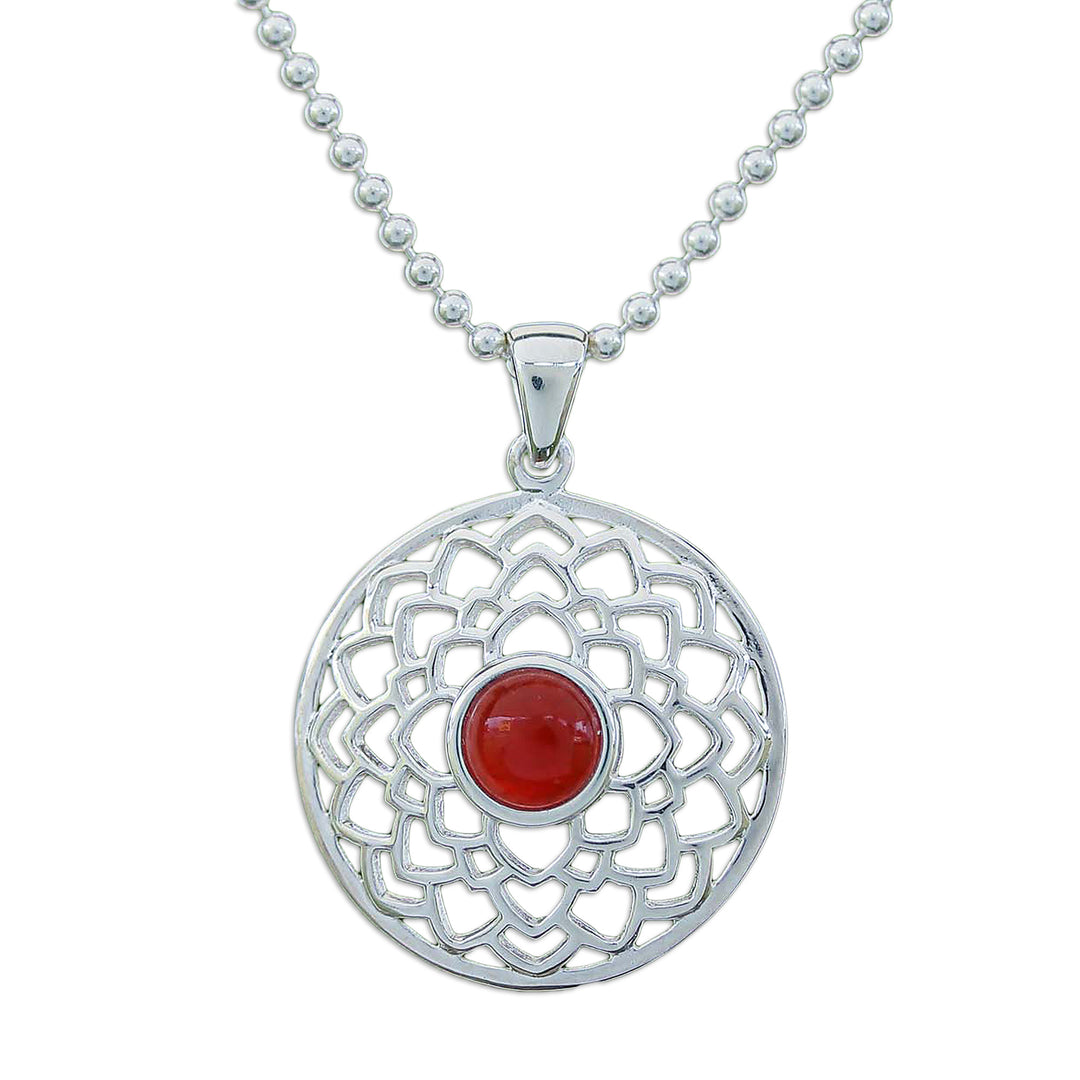 Polished Lotus-Themed Natural Carnelian Pendant Necklace - Lotus of Fire
