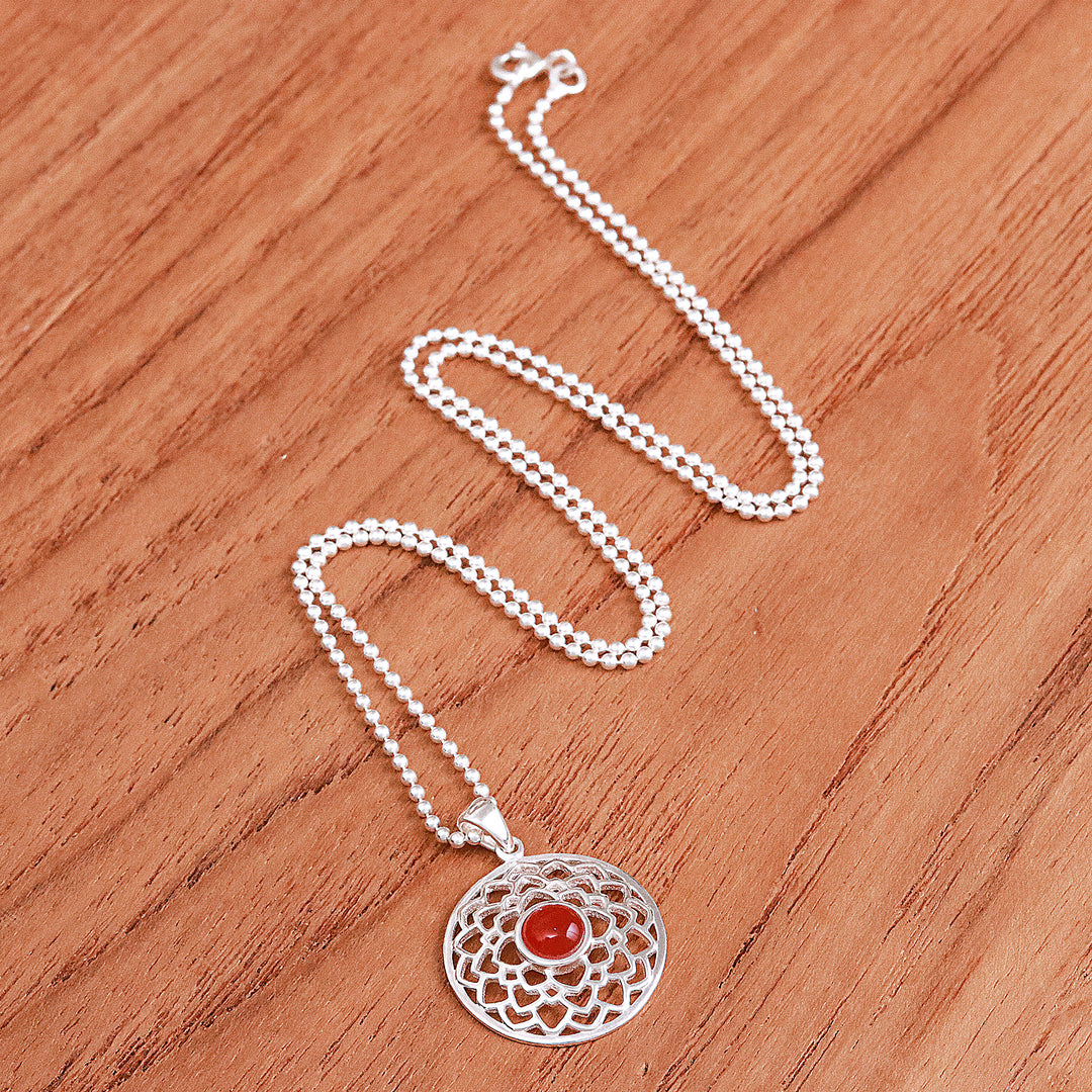 Polished Lotus-Themed Natural Carnelian Pendant Necklace - Lotus of Fire