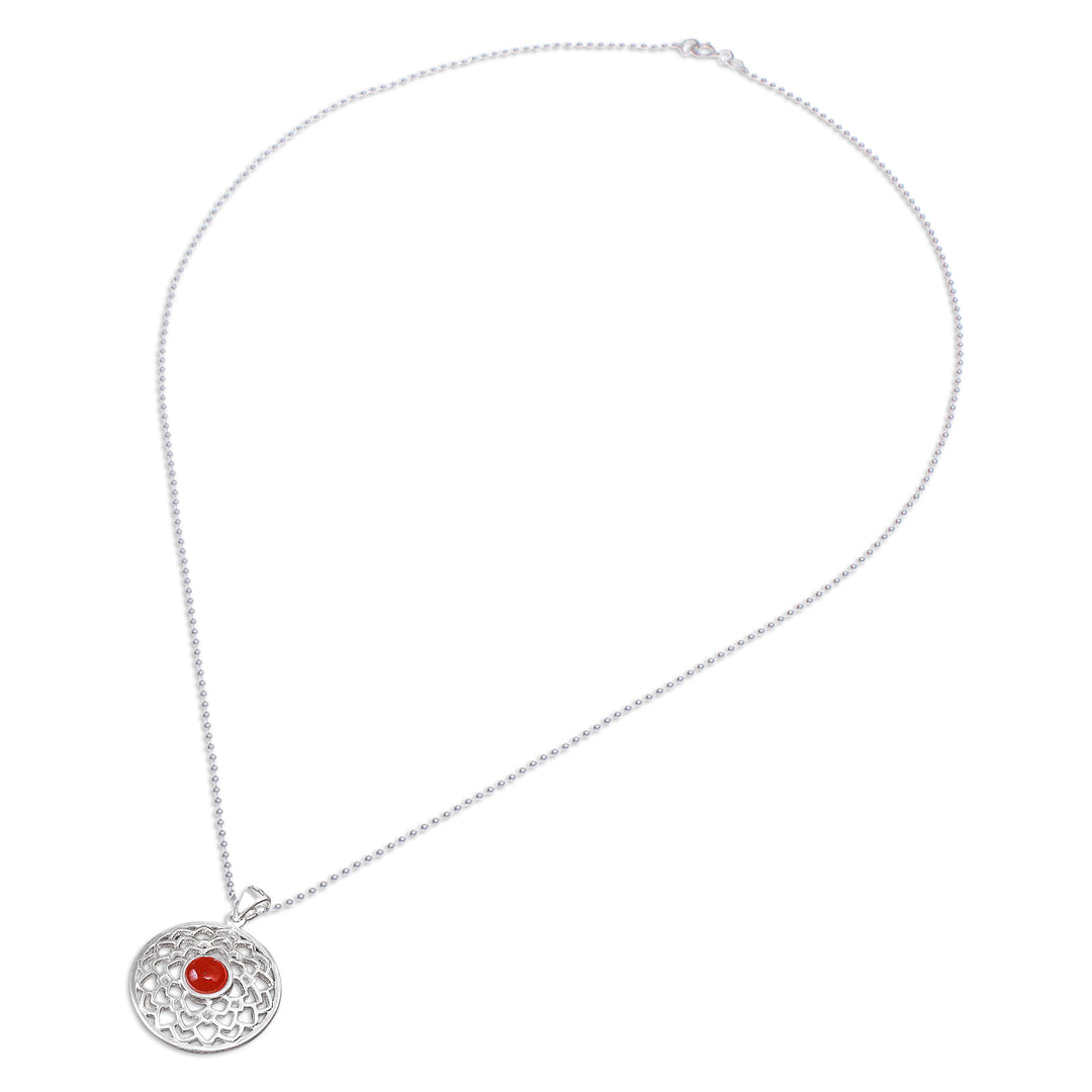 Polished Lotus-Themed Natural Carnelian Pendant Necklace - Lotus of Fire