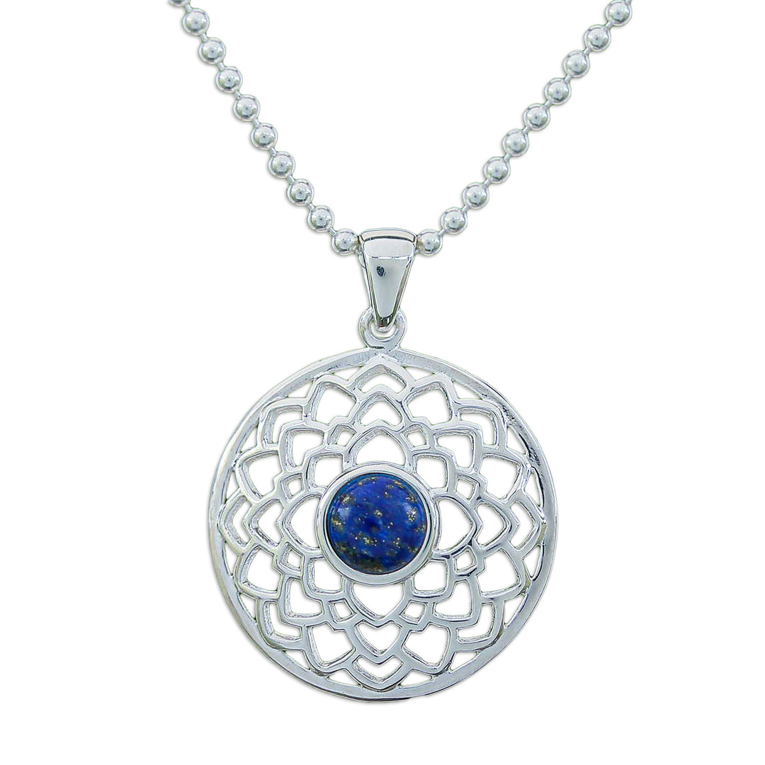 Polished Lotus-Themed Lapis Lazuli Cabochon Pendant Necklace - Lotus of Royalty