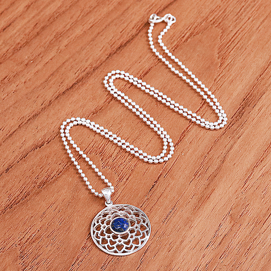 Polished Lotus-Themed Lapis Lazuli Cabochon Pendant Necklace - Lotus of Royalty