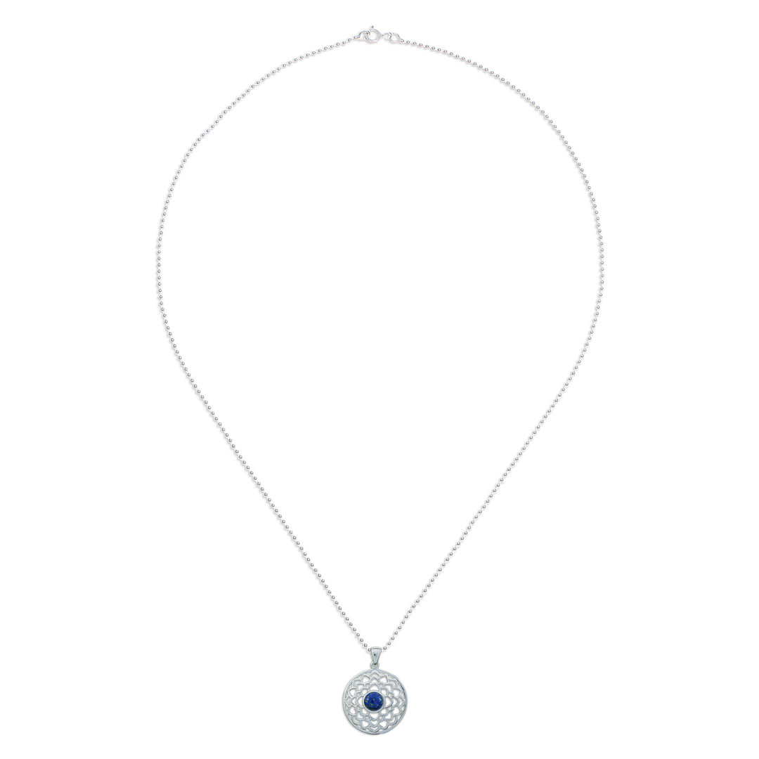 Polished Lotus-Themed Lapis Lazuli Cabochon Pendant Necklace - Lotus of Royalty