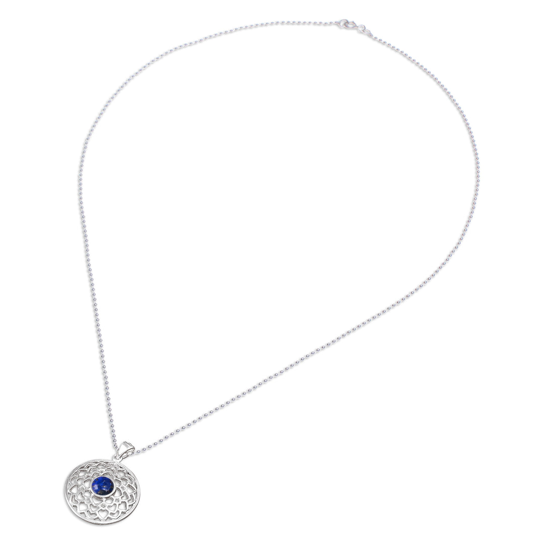 Polished Lotus-Themed Lapis Lazuli Cabochon Pendant Necklace - Lotus of Royalty