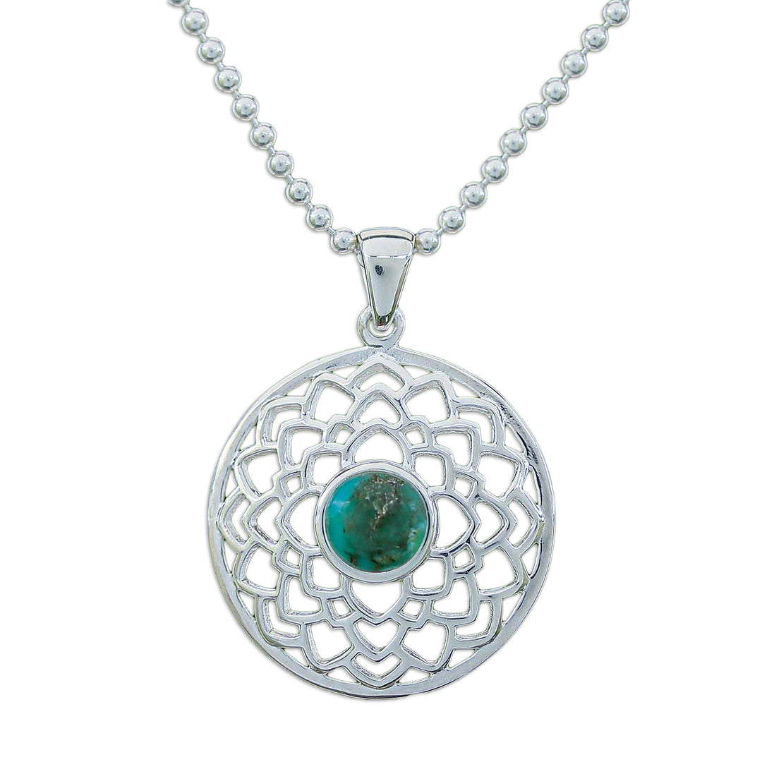 Polished Lotus-Themed Recon Turquoise Pendant Necklace - Lotus of Peace