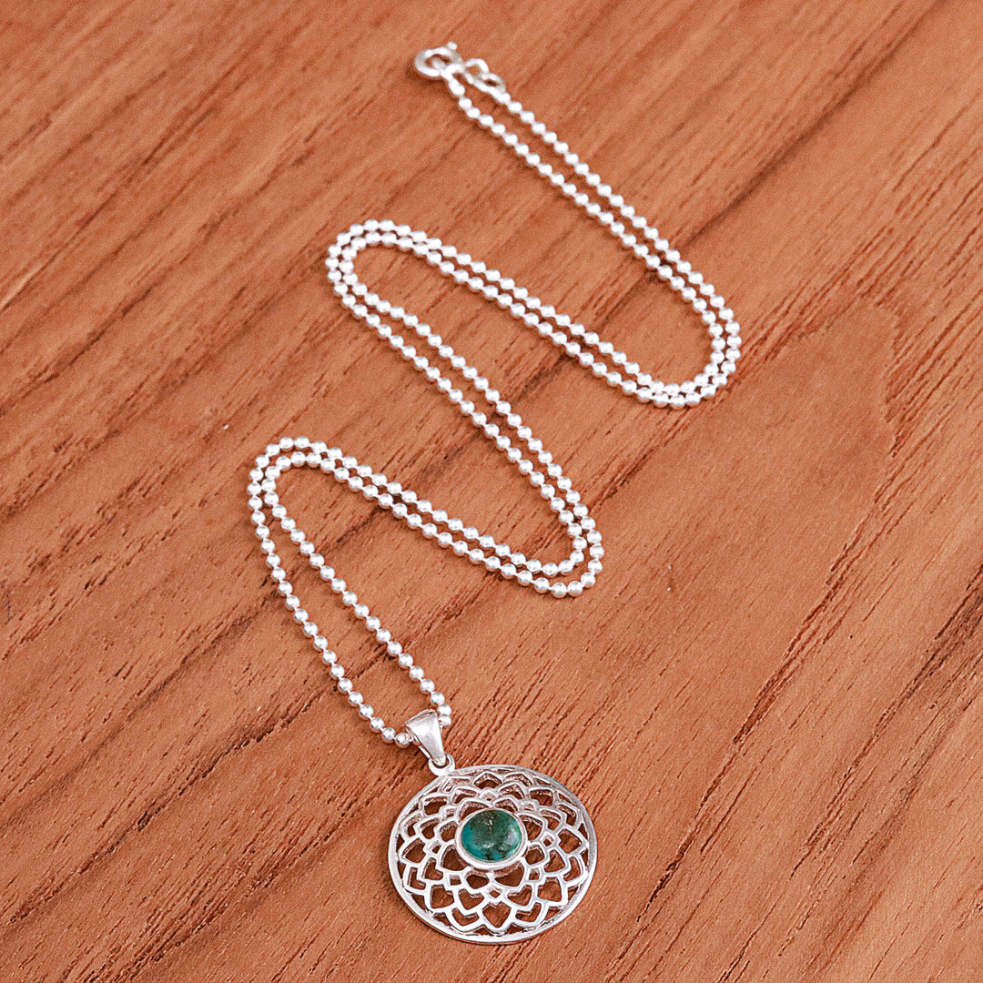 Polished Lotus-Themed Recon Turquoise Pendant Necklace - Lotus of Peace
