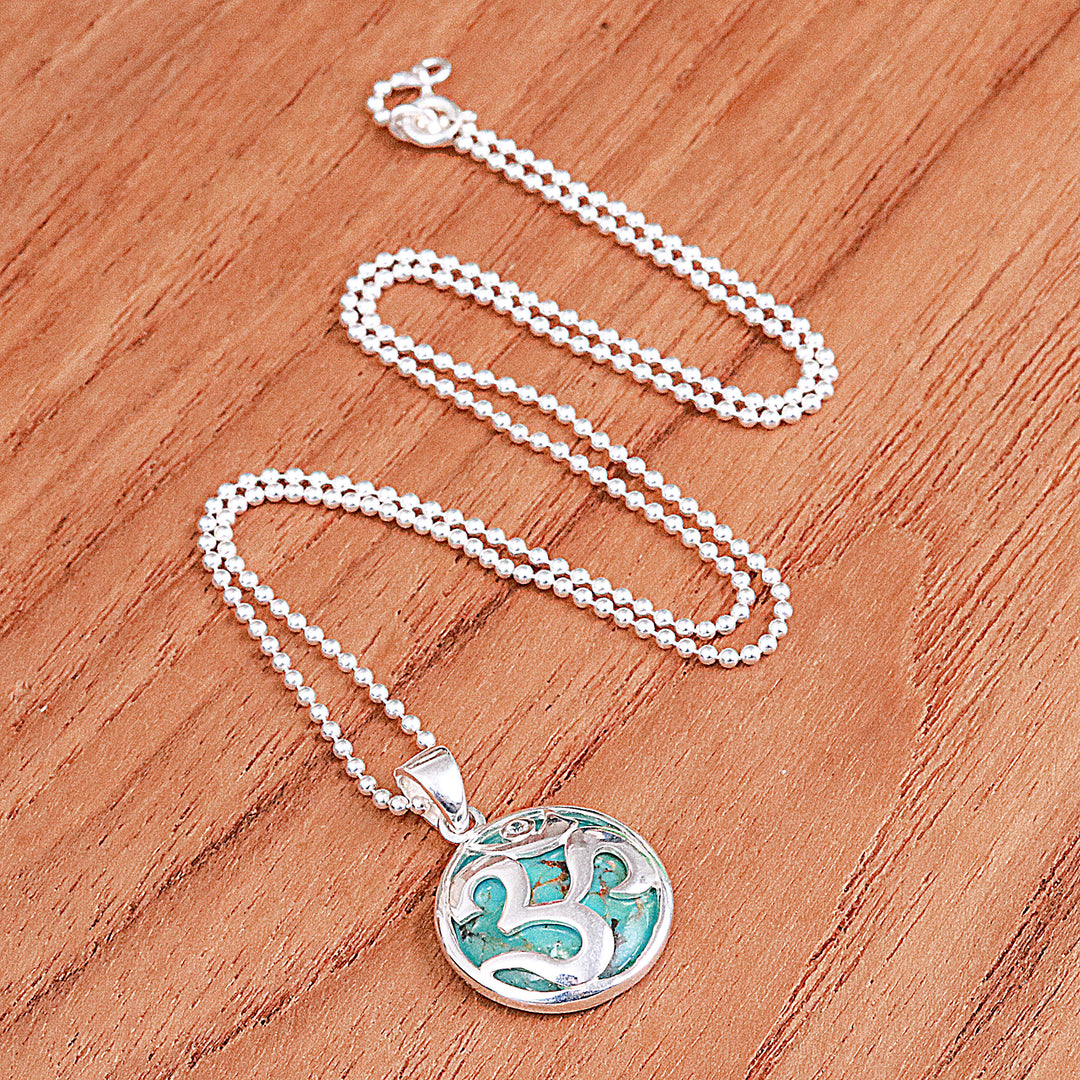 White Topaz and Reconstituted Turquoise Om Pendant Necklace - The Spirit of Purity