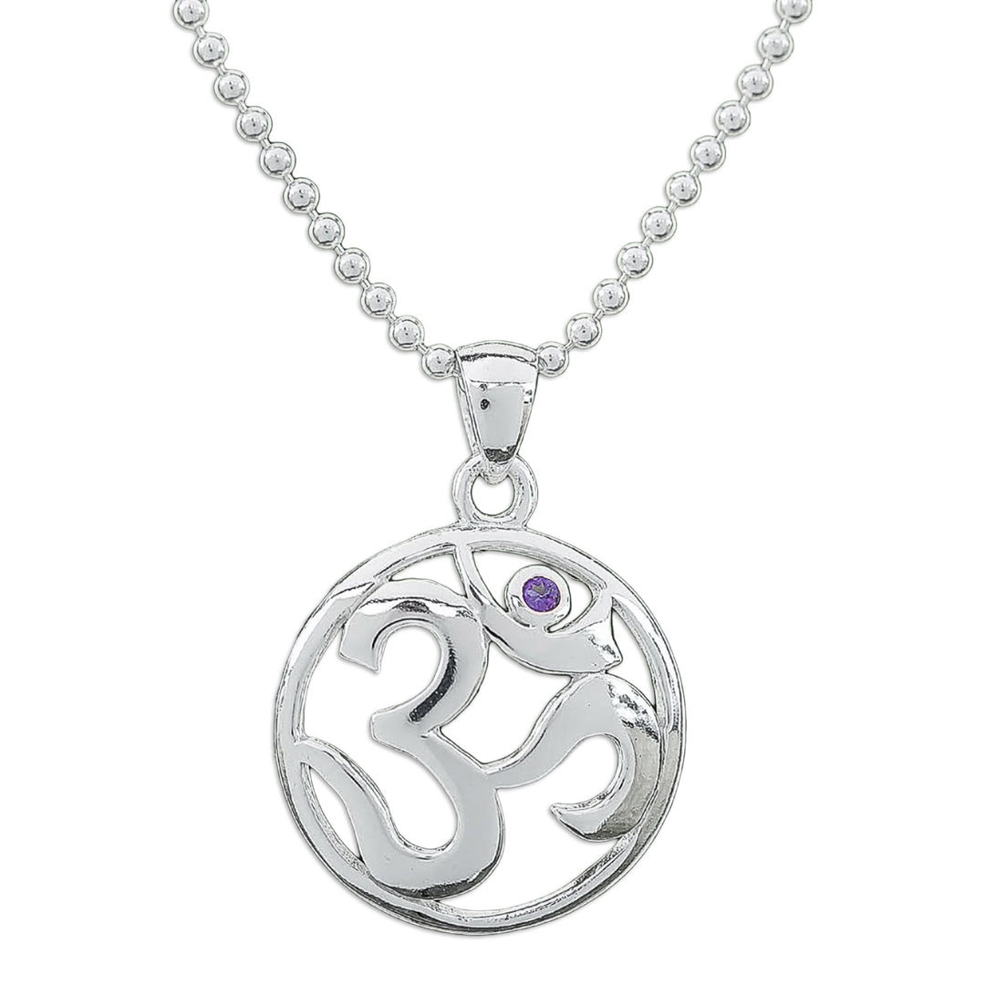 Polished Amethyst Round Om Pendant Necklace from Thailand - Om of Wisdom