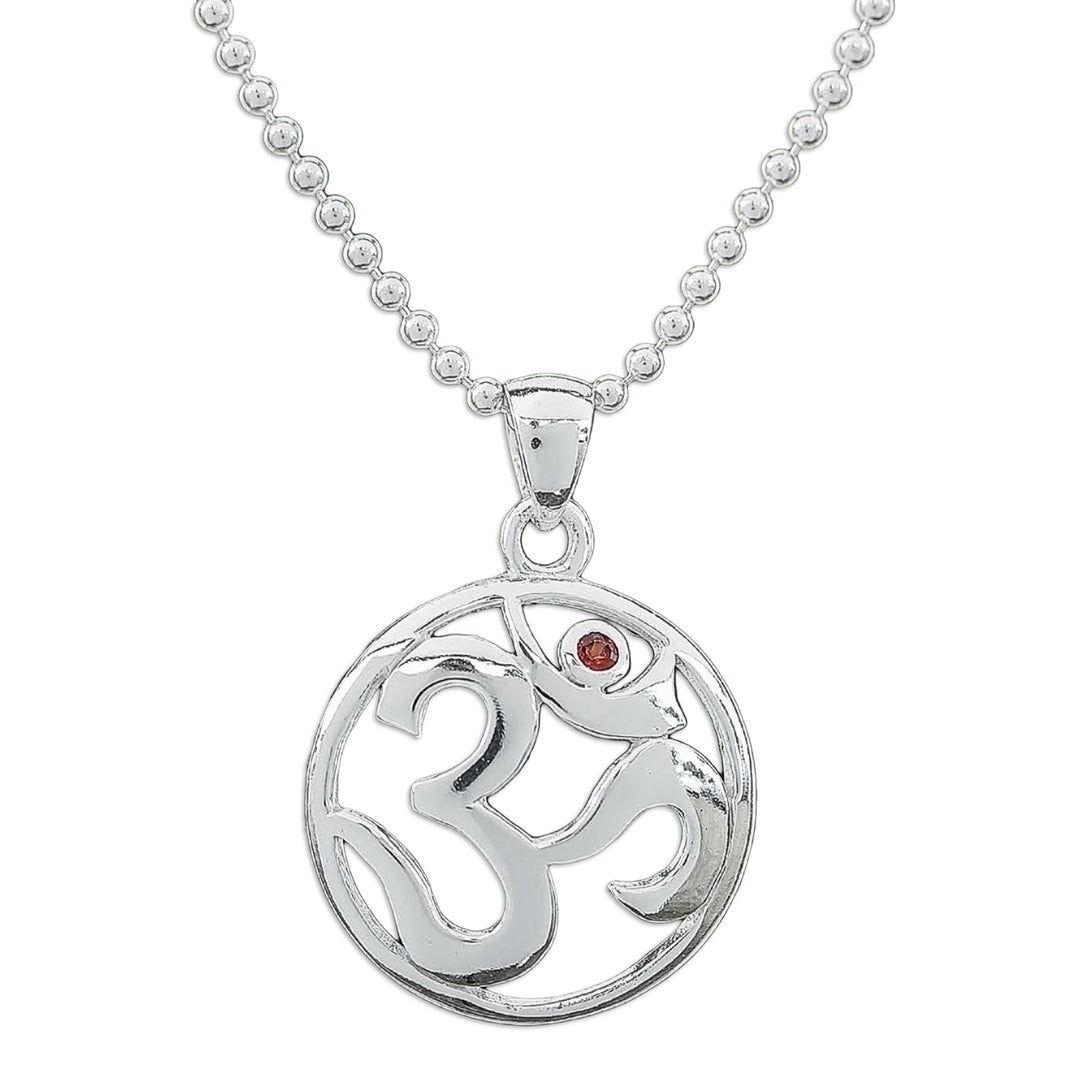 Polished Garnet Round Om Pendant Necklace from Thailand - Om of Passion