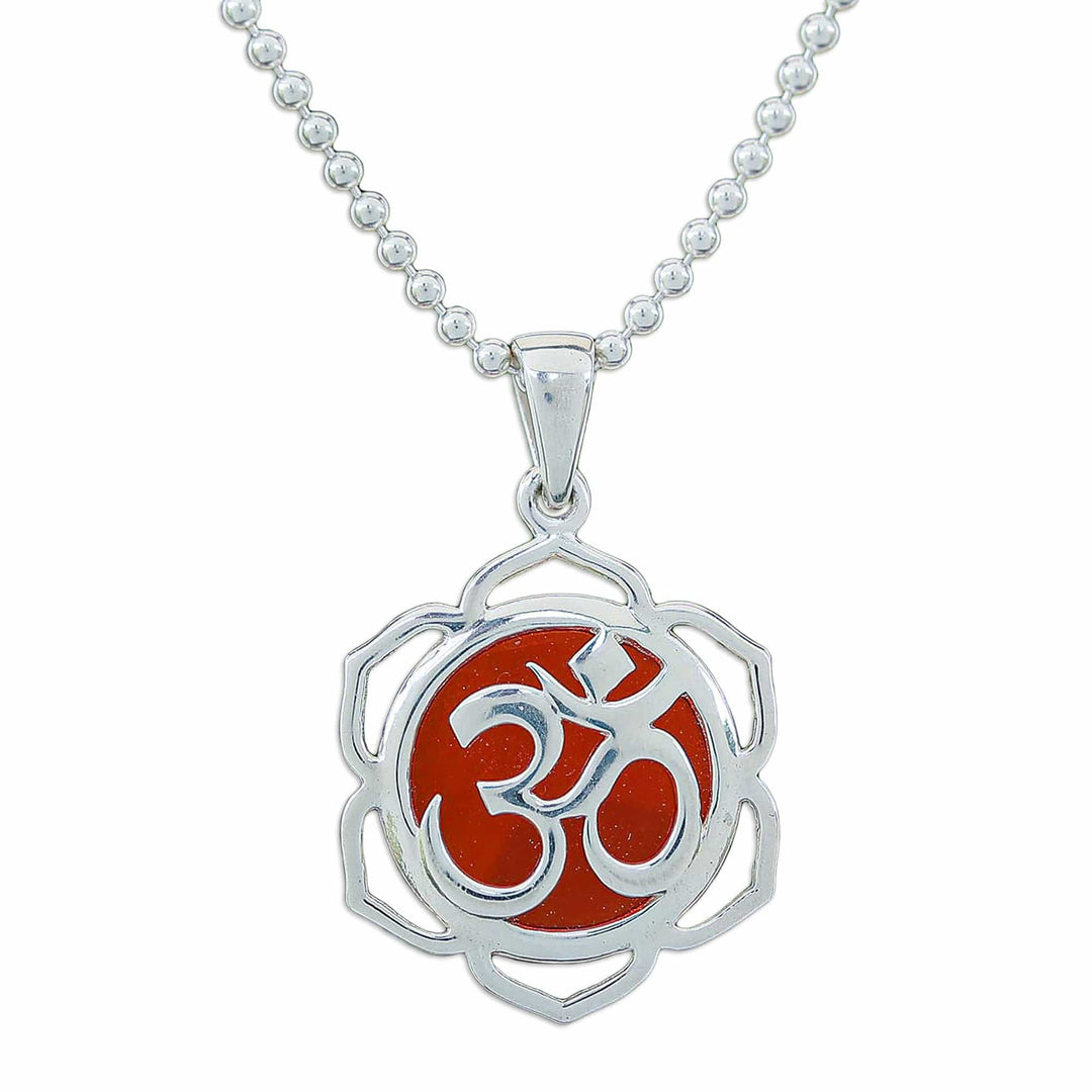 Floral Om-Themed Carnelian Pendant Necklace from Thailand - Sacred Fire Bloom