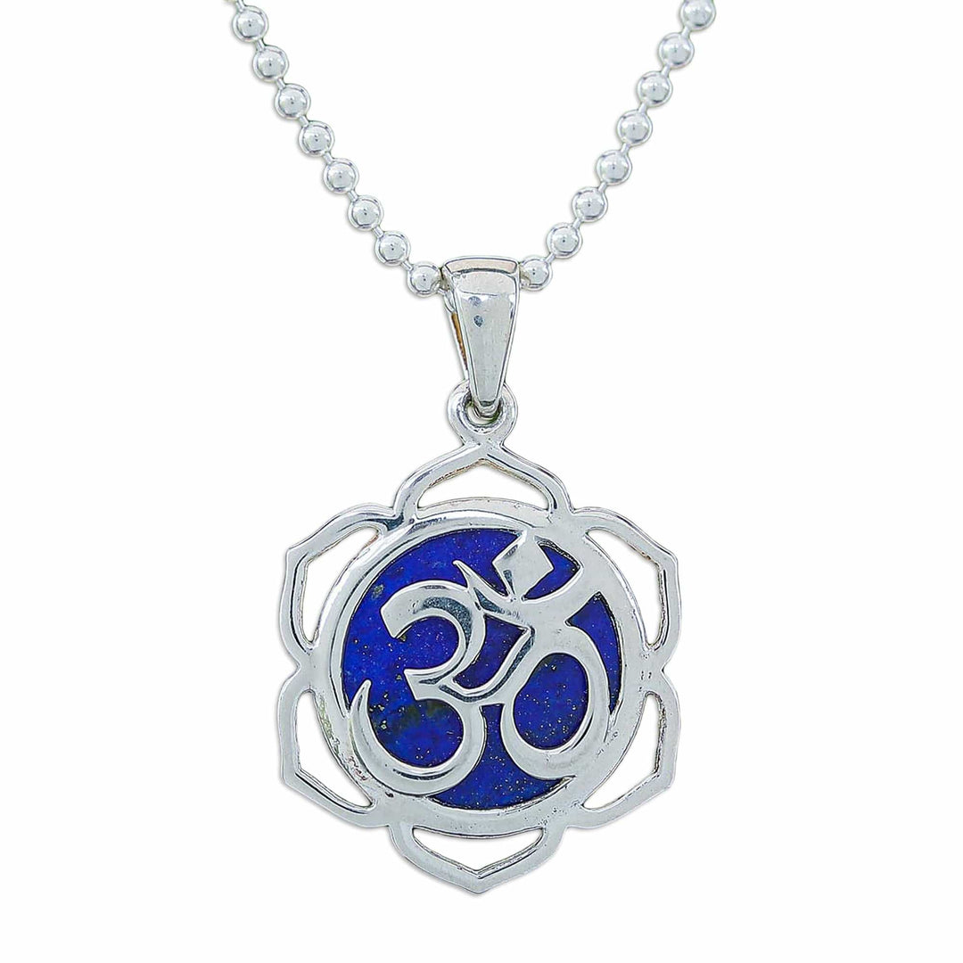 Floral Om-Themed Lapis Lazuli Pendant Necklace from Thailand - Sacred Regal Bloom