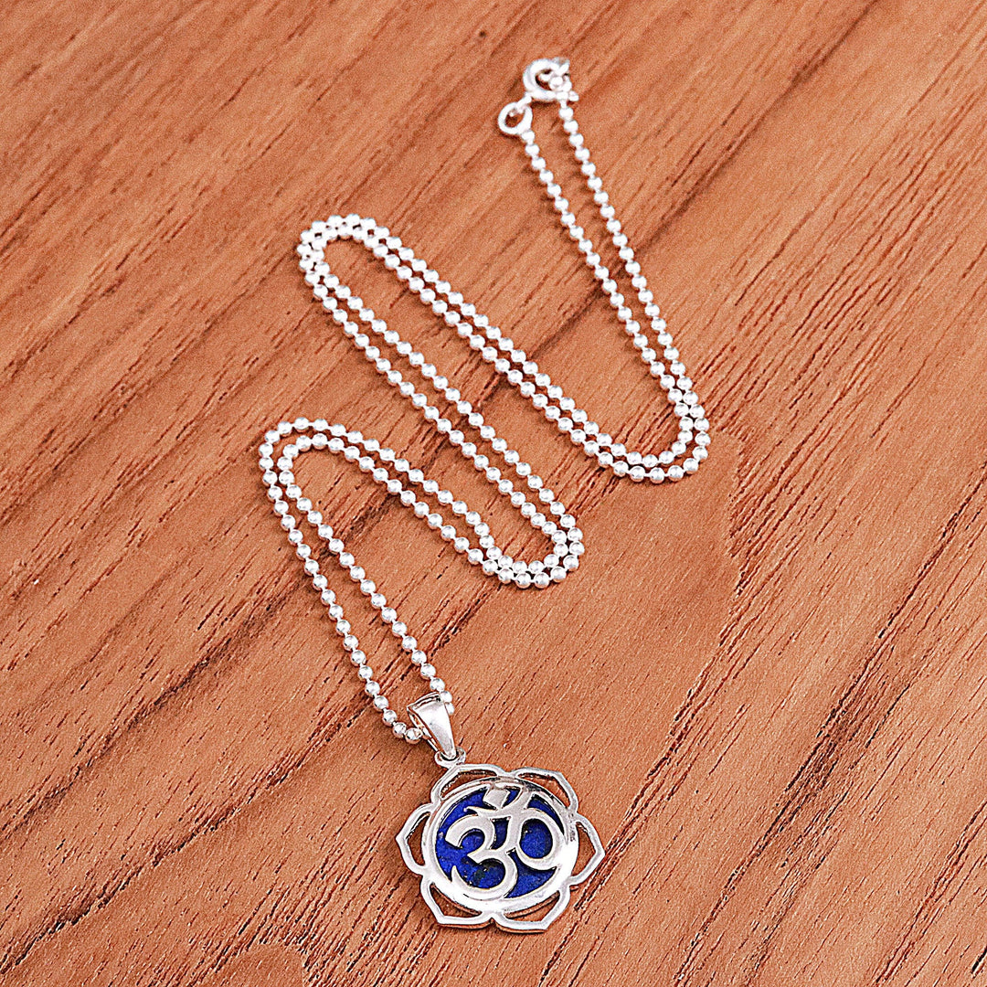 Floral Om-Themed Lapis Lazuli Pendant Necklace from Thailand - Sacred Regal Bloom