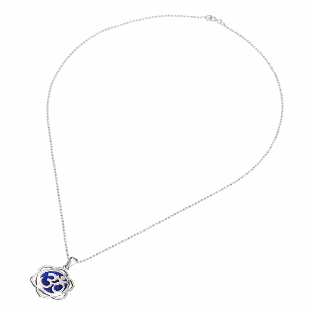 Floral Om-Themed Lapis Lazuli Pendant Necklace from Thailand - Sacred Regal Bloom