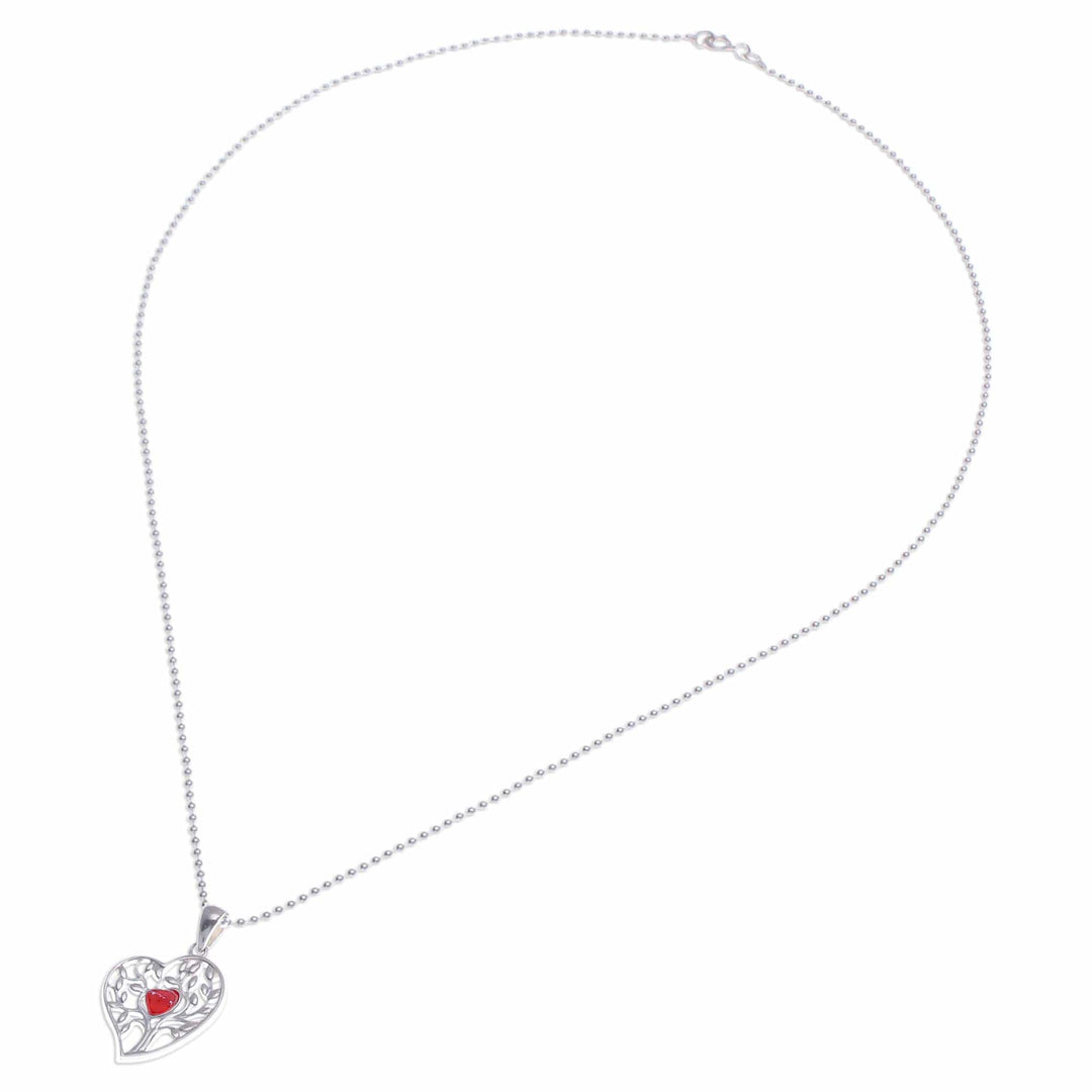 Carnelian Silver Heart Tree of Life-Themed Pendant Necklace - Red Tree of Love