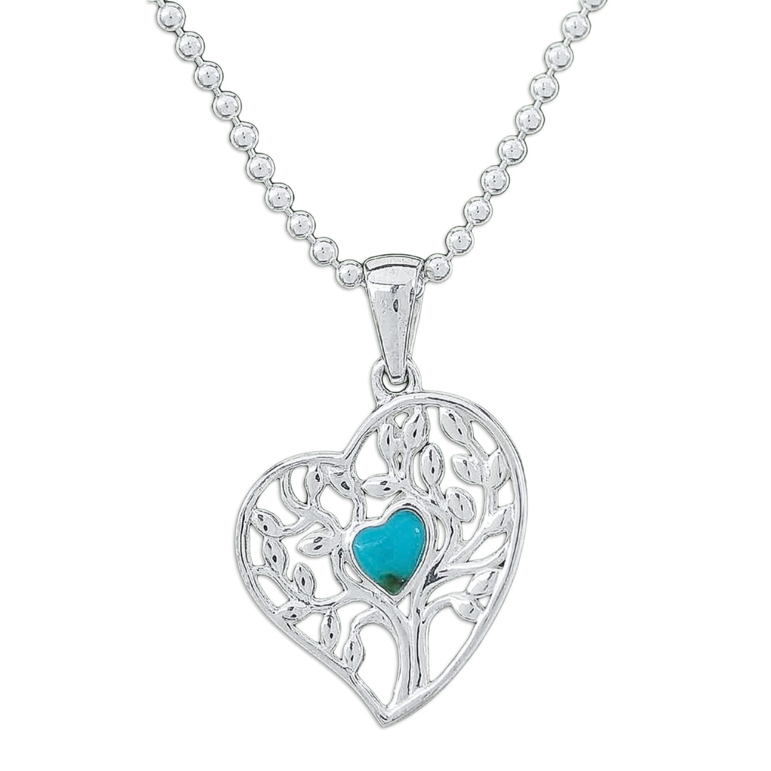 Reconstituted Turquoise Tree of Life Heart Pendant Necklace - Green Tree of Love