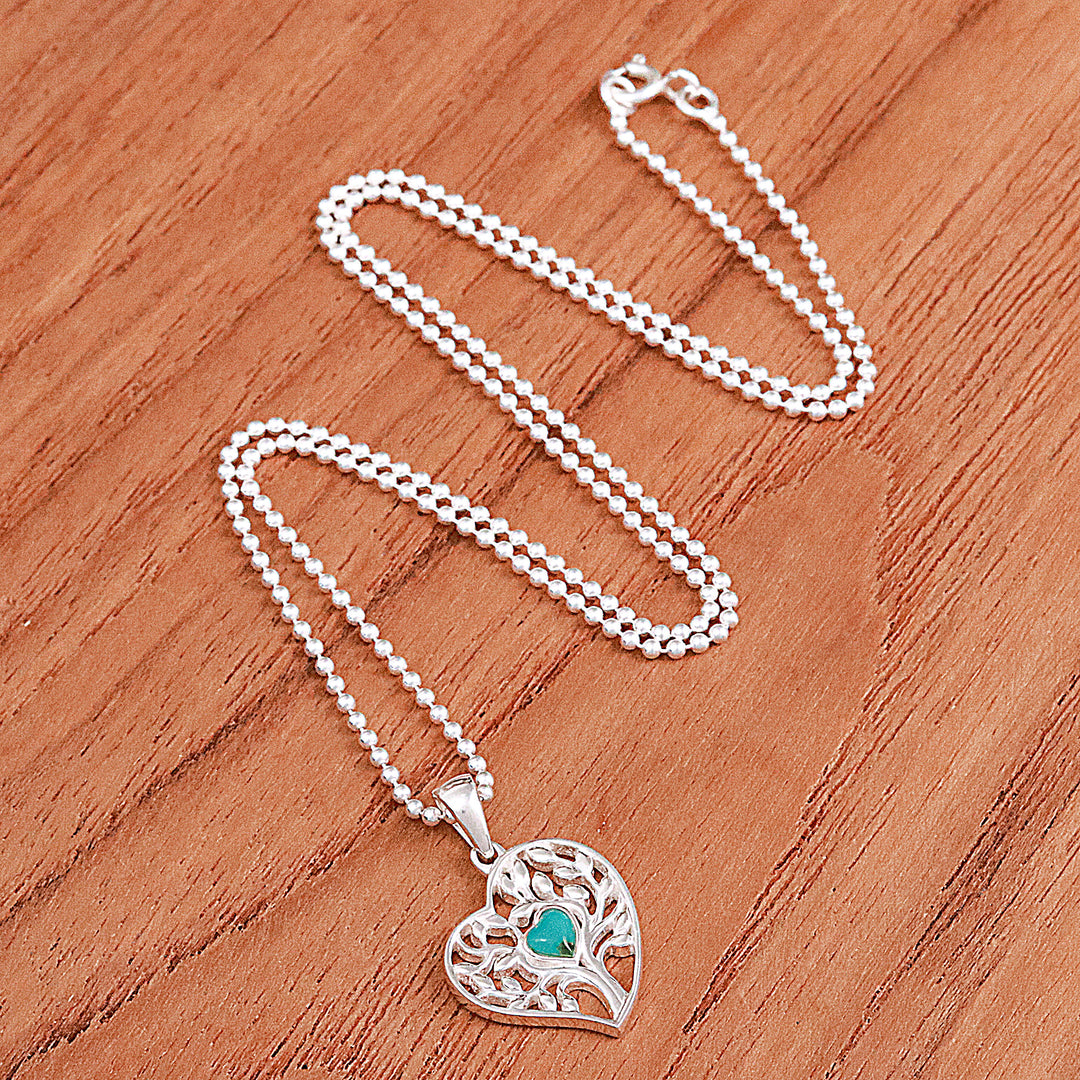 Reconstituted Turquoise Tree of Life Heart Pendant Necklace - Green Tree of Love